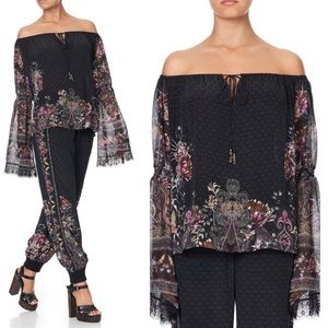 Camilla drop shoulder bell sleeve top 100% silk